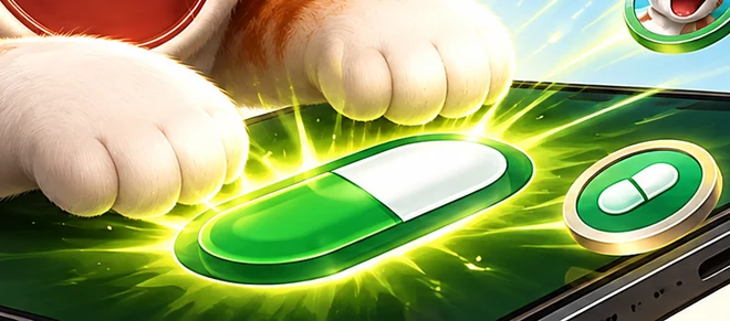 Two cat paws pressing down on a glowing green launch button.